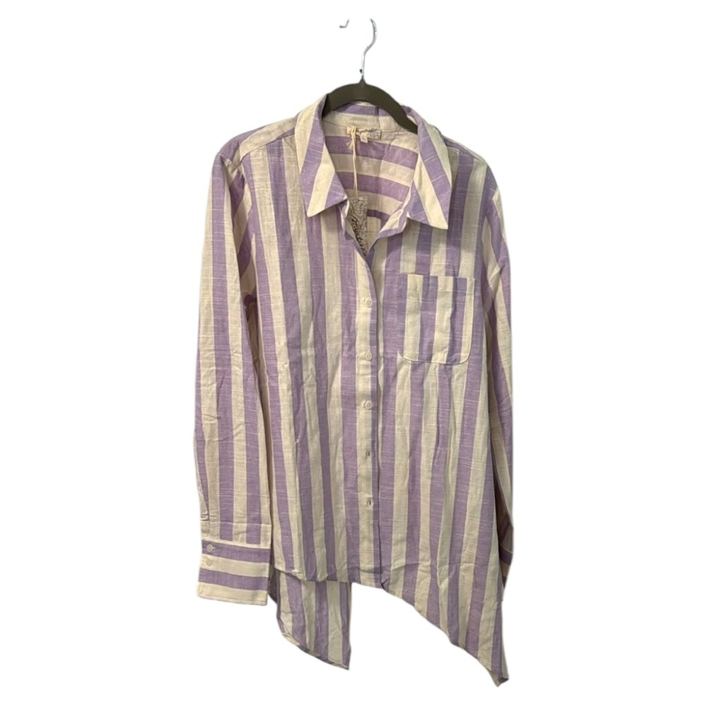 Mystree Women’s Purple and Cream Striped Button Down Shirt - Size Large